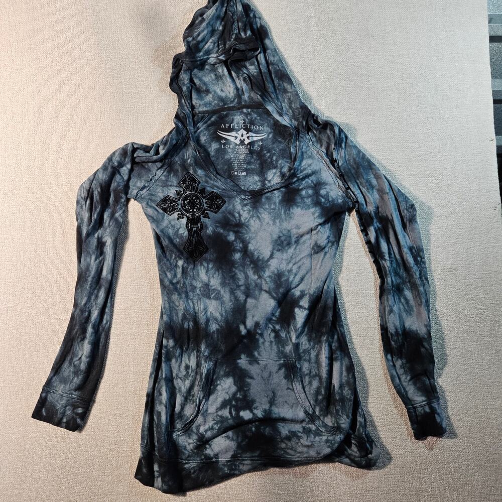 Y2K Affliction Virtue Hoodie Womens Medium Blue Tie Dye Cross Embroidered